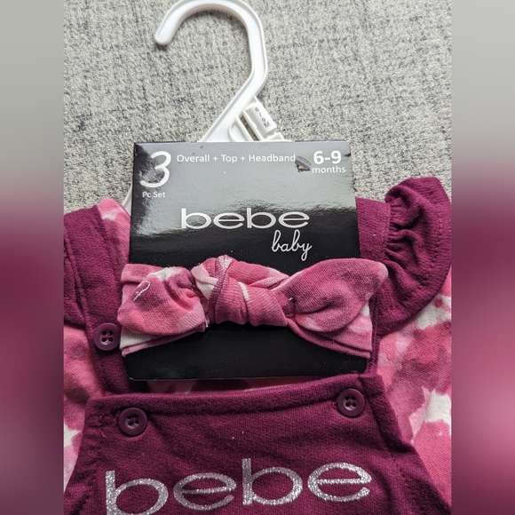 Adorable BEBE 3 piece little girls set Overalls + Top + Headband - Picture 8 of 10
